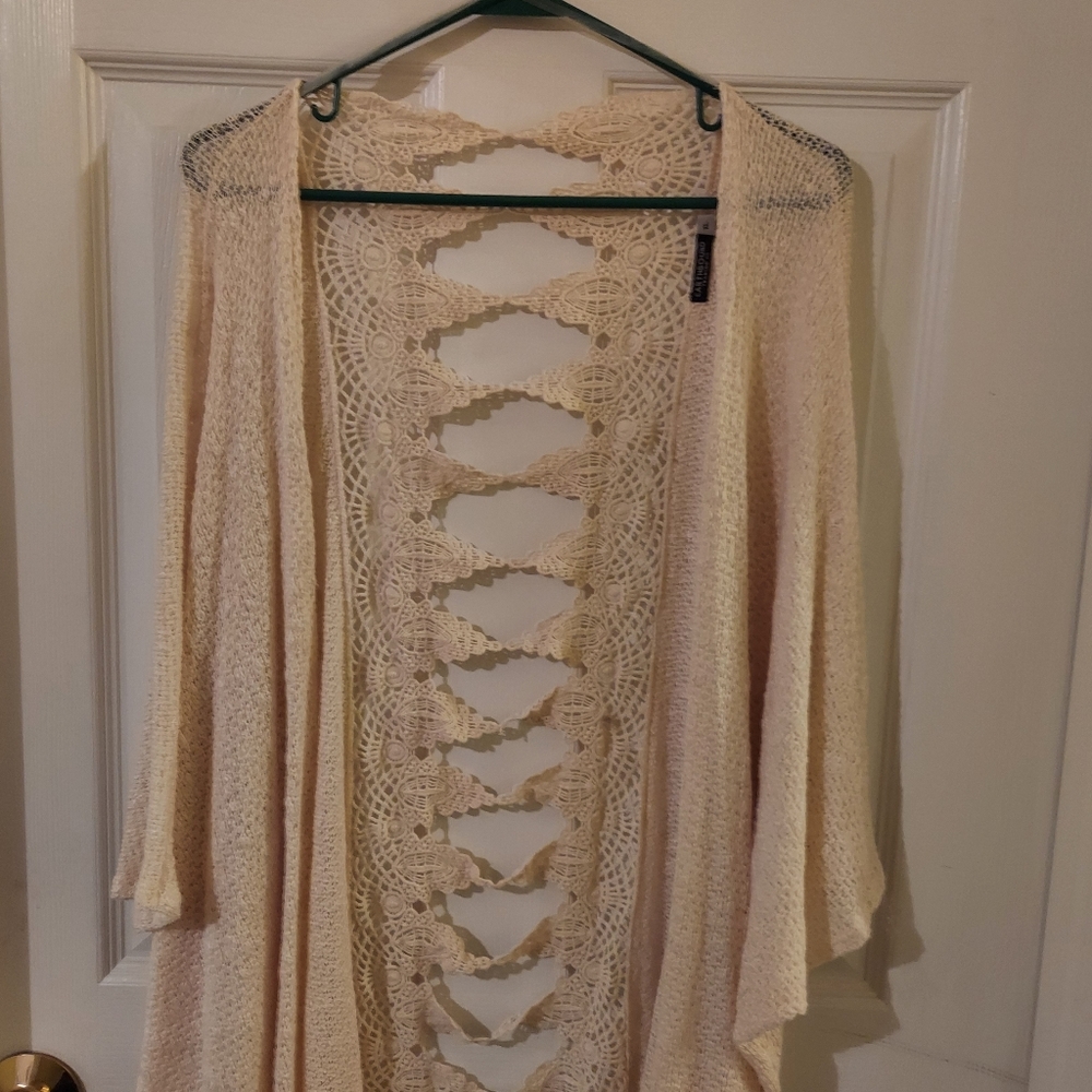 Womens Earthbound Trading Co. Boho Cream Cardigan with Lace Size L